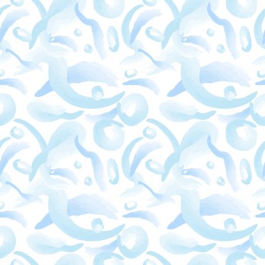 Soyut suluboya kusursuz desen. Mavi çizilmiş arka plan, kış sebebi. Vektör çizimi. Süslü süs, damla, leke, buz, kar. Tekstil, kapak, ambalaj için tasarım