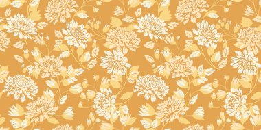 Kusursuz çiçek desenli, bej ve krem tonlarında zarif kasımpatılar ve altın sarısı bir arka planda. Kumaş, duvar kağıdı ve dekor için klasik botanik tasarımı