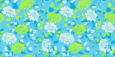 Seamless floral vector pattern with large white and lime green chrysanthemum flowers on a light blue background. Designs for fabric, wallpaper, packaging, and home decor