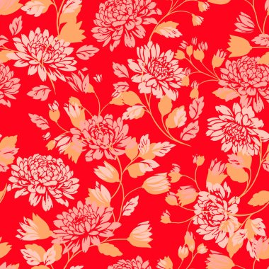 Seamless vector floral pattern with blooming chrysanthemums and leaves in soft peach and pink tones on a bold red background. Designs for textiles, fashion, and decor