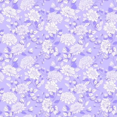Seamless vector floral pattern with white and lavender chrysanthemums on a soft lilac background. Template for fabric, wallpaper, stationery, packaging, and elegant feminine designs