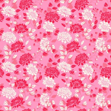 Pembe arka planda çiçek açan kırmızı ve beyaz kasımpatı desenli kusursuz çiçek vektör deseni. Tekstil, duvar kağıtları ve ambalaj için zarif botanik tasarımı