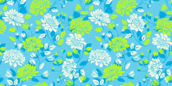 Seamless floral vector pattern with large white and lime green chrysanthemum flowers on a light blue background. Designs for fabric, wallpaper, packaging, and home decor