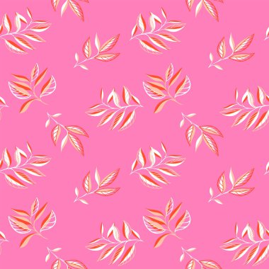 Kırmızı, pembe ve kremalı soyut tropikal yaprakları olan kusursuz bir vektör deseni var. Tekstil, duvar kağıdı ve dekor için modern botanik tasarımı