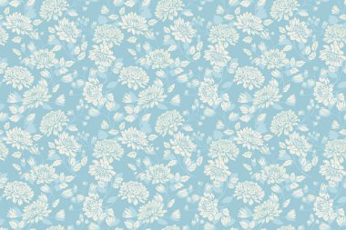 Krem rengi kasımpatı çiçekleri ve yumuşak mavi arka planda yaprakları olan zarif, pürüzsüz bir vektör deseni. Kumaş, duvar kağıdı, ambalaj kağıdı ve dekor tasarımları