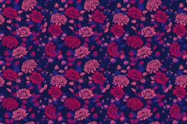 Zarif dikişsiz çiçek vektör deseni, çiçek açan kasımpatılar ve koyu donanma arka planında pembe ve kırmızı tonlarda ince yapraklar. Kumaş, ambalaj veya duvar kağıtları için tasarımlar