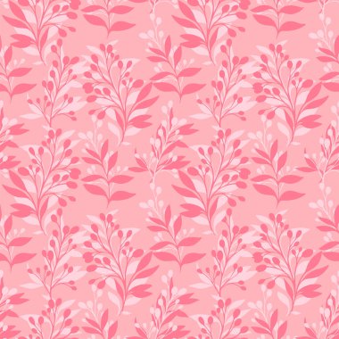 Soyut pembe yaprakları ve yumuşak arka planda böğürtlenleri olan kusursuz bir vektör deseni. Tekstil, duvar kağıtları, ambalaj ve romantik dekor için zarif çiçek tasarımı