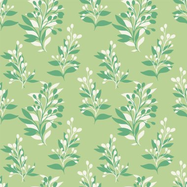 Şekillendirilmiş yeşil yapraklı dalları ve yumuşak adaçayı arkaplanda böğürtlenleri olan kusursuz vektör deseni. Çevre dostu ambalajlar, tekstil, duvar kağıtları ve doğal temalı tasarımlar için mükemmel.