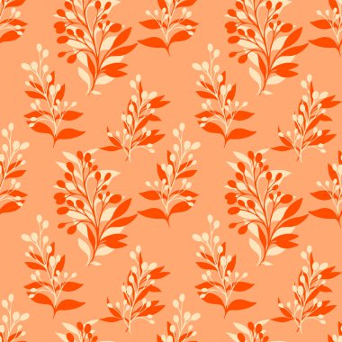 Dekoratif dalları, yaprakları ve şeftali arka planında sıcak turuncu tonlarda meyveleri olan kusursuz vektör deseni. Kumaş, duvar kağıdı ve ambalaj için zarif botanik tasarımı