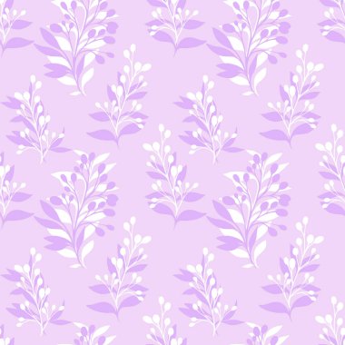 Narin botanik dalları olan kusursuz vektör deseni yumuşak mor arka planda beyaz ve lavanta yaprakları. Kumaş, kırtasiye ve dekor için zarif çiçek tasarımı
