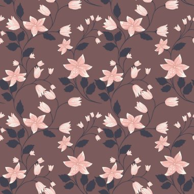 Yumuşak pastel pembe çiçekleri ve koyu yapraklı kökleri olan kusursuz vektör deseni zengin kahverengi arka planda. Kumaş, duvar kağıdı ve dekor için zarif botanik tasarımı