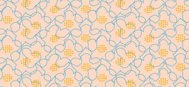 Soyut mavi çizgili çiçeklerle kusursuz vektör deseni ve yumuşak bej arka planda noktalı sarı merkezler. Kumaş, ambalaj veya duvar kağıdı için modern minimal tasarım