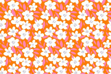 Basit beyaz el çizimleri ve parlak turuncu arka planda pembe yaprakları olan kusursuz bir çiçek deseni. Tekstil, ambalaj kağıdı ve yaz tasarımı şablonu