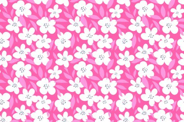 Beyaz el çizilmiş çiçekli kusursuz vektör deseni ve parlak pembe arka planda pembe mor yapraklar. Tekstil, ambalaj ve yaz tasarımı için şablon