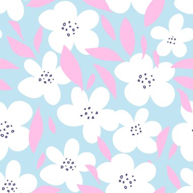 Beyaz el çizilmiş çiçekli kusursuz vektör deseni, yumuşak pembe yapraklar ve pastel mavi arka plan. Bahar tekstil ve dekorları için taze, minimal ve modern tasarım