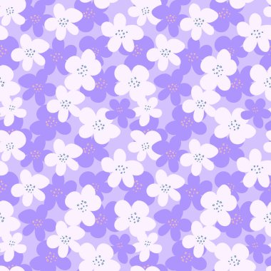 Seamless vector floral pattern with white and violet blossoms on a lavender background. Cute and modern design for textiles, wrapping paper, and spring decor
