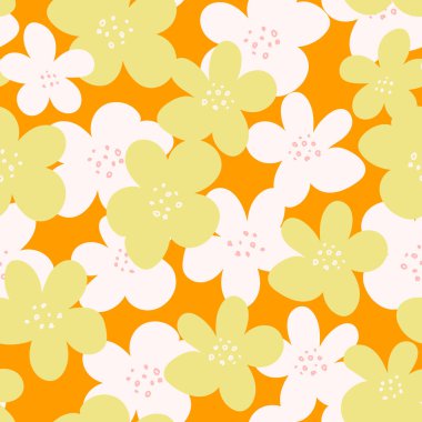 Parlak turuncu arka planda el çizimi yeşil ve beyaz çiçekli kusursuz çiçek deseni. Tekstil, ambalaj ve dekor için eğlenceli, cesur ve oyuncu tasarım