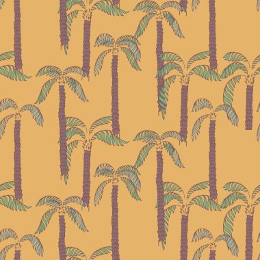 Sıcak sarı arka planda elle çizilmiş palmiye ağaçları olan kusursuz tropikal vektör deseni. Tekstil, duvar kâğıtları, ambalaj ve plaj dekorasyonu için egzotik yaz tasarımı