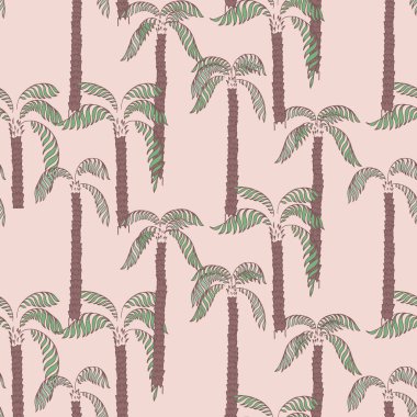 Yumuşak pastel arka planda elle çizilmiş palmiye ağaçları olan kusursuz tropikal vektör deseni. Kumaşlar, duvar kağıtları, ambalajlar ve dekorlar için egzotik ve şık bir yaz tasarımı