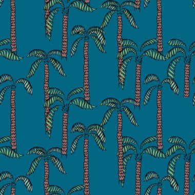 Düz vektör palmiye ağacı deseni, el çizimi tropikal yapraklar ve deniz mavisi arka planda desenli gövdeler. Tekstil, duvar kâğıdı ve plaj giysileri için egzotik yaz tasarımı