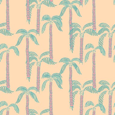 Şeftali arka planında el yapımı, pastel pembe ve yeşil palmiye ağaçlarıyla kusursuz tropikal vektör deseni. Kumaş, duvar kağıdı ve dekor için egzotik yaz tasarımı