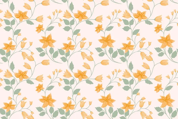 Sarı çiçekli ve yumuşak yeşil yapraklı zarif, pürüzsüz çiçek deseni. Kumaş, kırtasiye, düğün tasarımları, duvar kağıtları ve bahar dekoratif projeleri için mükemmel..