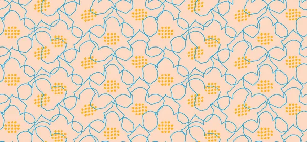 Soyut mavi çizgili çiçeklerle kusursuz vektör deseni ve yumuşak bej arka planda noktalı sarı merkezler. Kumaş, ambalaj veya duvar kağıdı için modern minimal tasarım