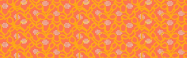 Kalın turuncu arkaplan, sarı organik çizgiler ve noktalı beyaz çiçek şekillerine sahip kusursuz vektör soyut deseni. Modern, canlı ve tekstil ve tasarım için dekoratif
