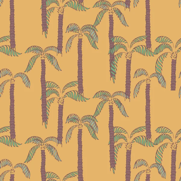 Sıcak sarı arka planda elle çizilmiş palmiye ağaçları olan kusursuz tropikal vektör deseni. Tekstil, duvar kâğıtları, ambalaj ve plaj dekorasyonu için egzotik yaz tasarımı