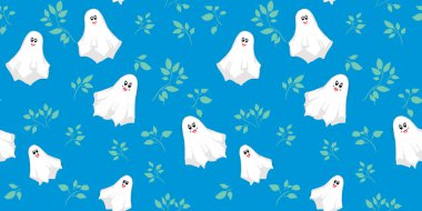 Güzel gülümseyen hayaletleri ve parlak mavi arka planda yeşil yapraklı dalları olan kusursuz bir Cadılar Bayramı vektör deseni. Çocuklar için eğlenceli, eğlenceli tasarım, parti dekorasyonu ve şenlikli baskılar