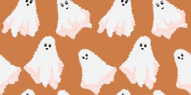 Kahverengi arka planda sevimli tüylü beyaz hayaletler olan kusursuz Cadılar Bayramı vektör deseni. Çocuklar için eğlenceli ürkünç tasarım, parti dekorasyonu, tekstil, ambalaj ve festival projeleri