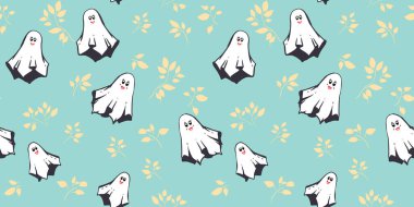 Gülümseyen beyaz hayaletler ve yumuşak deniz mavisi arkaplanda narin bej yaprakları olan şirin, pürüzsüz bir vektör deseni. Cadılar Bayramı için şablon, çocuk tasarımları, tekstil, kırtasiye malzemeleri ve baskılar