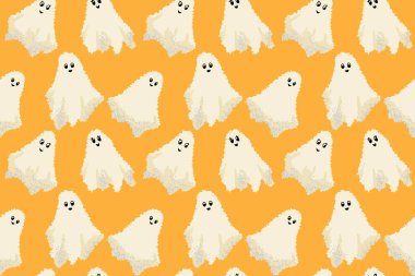 Parlak sarı bir arka planda şirin yüzleri olan beyaz çizim tarzı hayaletler olan oyuncu, pürüzsüz vektör deseni. Cadılar Bayramı için tasarımlar, çocuk tasarımları, ambalajlar, çocuk dekorları.