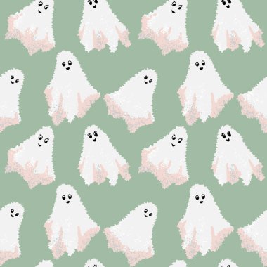 Adaçayı yeşili arka planda komik çizgi film hayaletleri olan kusursuz vektör deseni. Çocuklar için eğlenceli Cadılar Bayramı tasarımı, parti dekorasyonu, kumaşlar, duvar kağıtları ve şenlikli ambalaj.