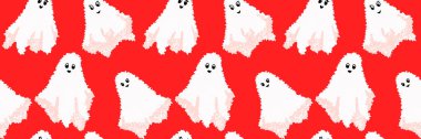 Pürüzsüz, beyaz kabarık hayaletli, parlak kırmızı arka planda kusursuz Cadılar Bayramı vektör deseni. Parti dekorasyonu, tekstil, ambalaj ve şenlikli baskılar için şirin ve ürkütücü bir tasarım.
