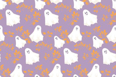 Neşeli beyaz hayaletler ve yumuşak mor arka planda altın sonbahar yapraklarıyla kusursuz Cadılar Bayramı vektör deseni. Ambalaj, tekstil ve mevsimlik dekorlar için şirin bir tasarım.