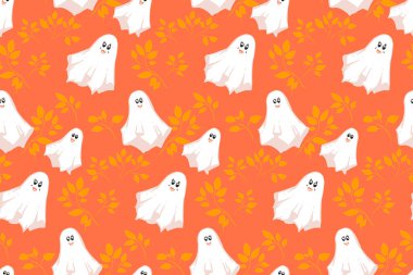 Seamless Halloween vector pattern with smiling white ghosts and yellow autumn leaves on a bright orange background. Playful festive design for wrapping, fabric, and decor