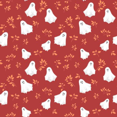 Güzel beyaz hayaletleri ve koyu kırmızı arka planda sonbahar yaprakları olan kusursuz bir Cadılar Bayramı vektör deseni. Çocuklar, kumaşlar, ambalajlar ve mevsimlik dekorlar için hoş ve ürkütücü bir tasarım.