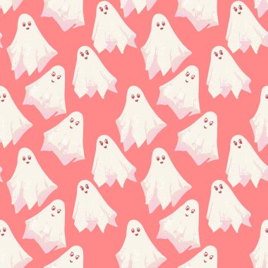 Seamless Halloween vector pattern with cute white ghosts on a coral pink background. Fun, playful, and spooky design for kids, party decor, fabric, wrapping, and seasonal crafts
