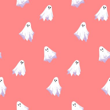 Pembe mercan arka planında şirin beyaz hayaletler olan kusursuz bir Cadılar Bayramı vektör deseni. Ambalaj kağıdı, kumaş, parti dekorasyonu ve mevsimlik el sanatları için eğlenceli ürkütücü tasarım.