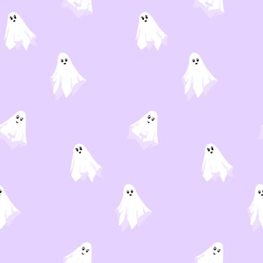 Pastel mor arka planda şirin beyaz hayaletler olan kusursuz bir Cadılar Bayramı vektör deseni. Ambalaj kağıdı, çocuk dekorasyonu, kumaş ve mevsimlik zanaat için eğlenceli ürkütücü tasarım.