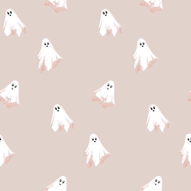 Bej bir arka planda sevimli gülümseyen hayaletler olan kusursuz bir Cadılar Bayramı vektör deseni. Kumaş, ambalaj kağıdı, parti dekorasyonu ve mevsimlik el sanatları için en az ürkütücü tasarım.