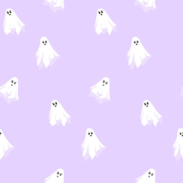 Бесшовный векторный рисунок Хэллоуина с милыми белыми призраками на пастельно-фиолетовом фоне. Игривый дизайн для упаковки бумаги, детского декора, ткани и сезонных ремесел
