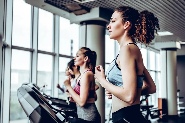 Beautiful Group Young Women Friends Exercising Treadmill Bright Modern Gym — Stock Photo, Image
