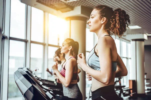 Sporty Beauty Beautiful Young Cheerful Woman Sportswear Running Treadmill Gym — Stock Photo, Image