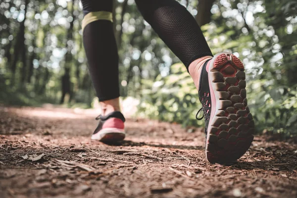 Closeup sportif bir kız ormanda çalıştırılmaya hazırlanıyor. Genç sporcu kadın yayınlanmaya başlaması hazır. Bir kadının bacaklarını bir için kırpılmış atış