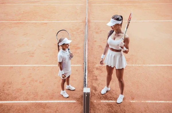 Prépare Pour Grand Match Vue Dessus Pleine Longueur Entraîneur Tennis — Photo