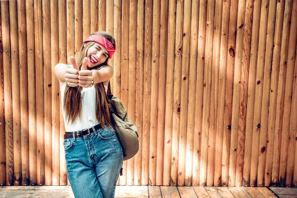 Young Happy Cheerful Woman Showing Thumb Lifestyle Trendy Modern Concept — Stock Photo, Image