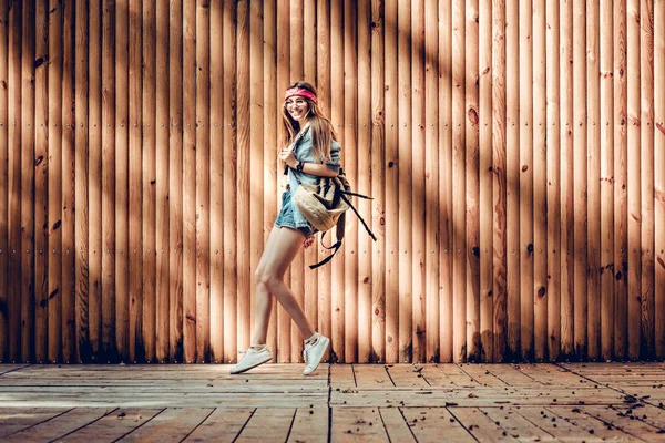 Charming Hipster Young Woman Long Hair Red Bandana Sunglasses Walking — Stock Photo, Image