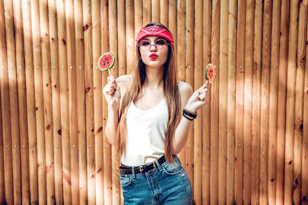 Beautiful Young Woman Lollipop Colorful Wooden Background Lifestyle Trendy Concept — Stock Photo, Image